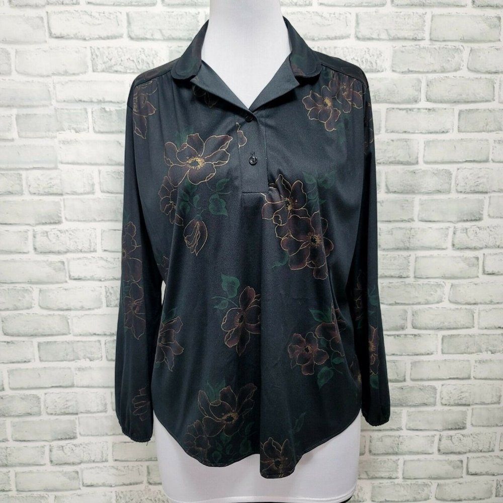 Vintage‎ Cirel Fashions Inc XL Black Floral Long Bell Sleeve Blouse 1/4 Button